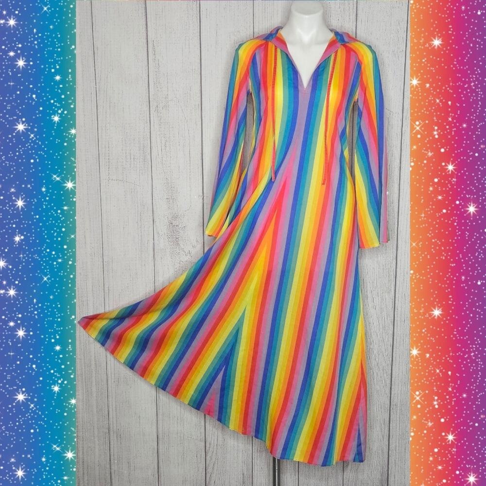 VTG Handmade Rainbow Stripe Hooded Maxi Dress Bell Sleeve Hippie Festival